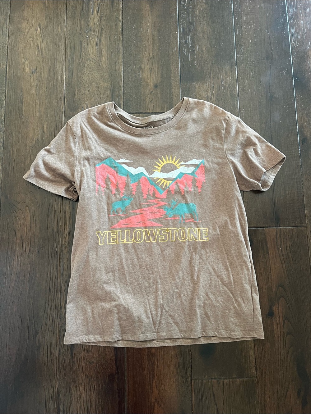 Yellowstone Brown Graphic Tee with Colorful Landscape Print